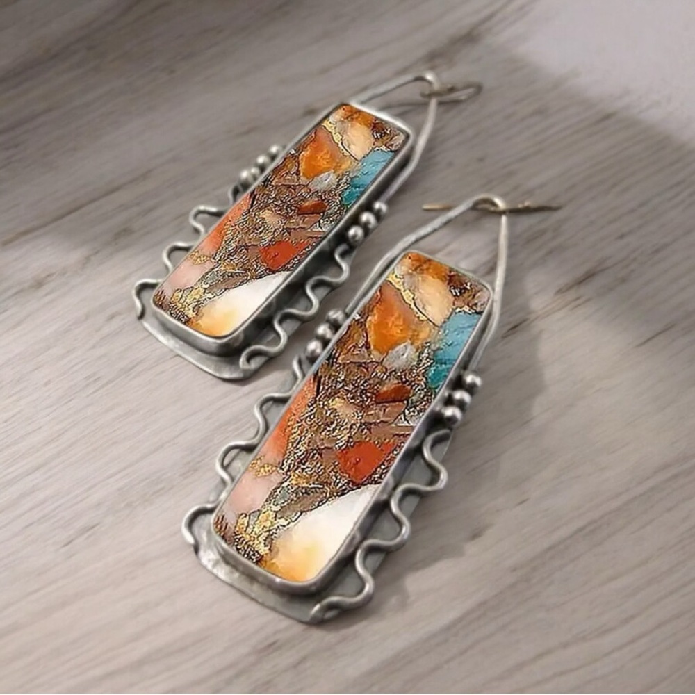 Retro Bohemian Style Geometric Dangle Earrings With Colorful Pattern, Gift